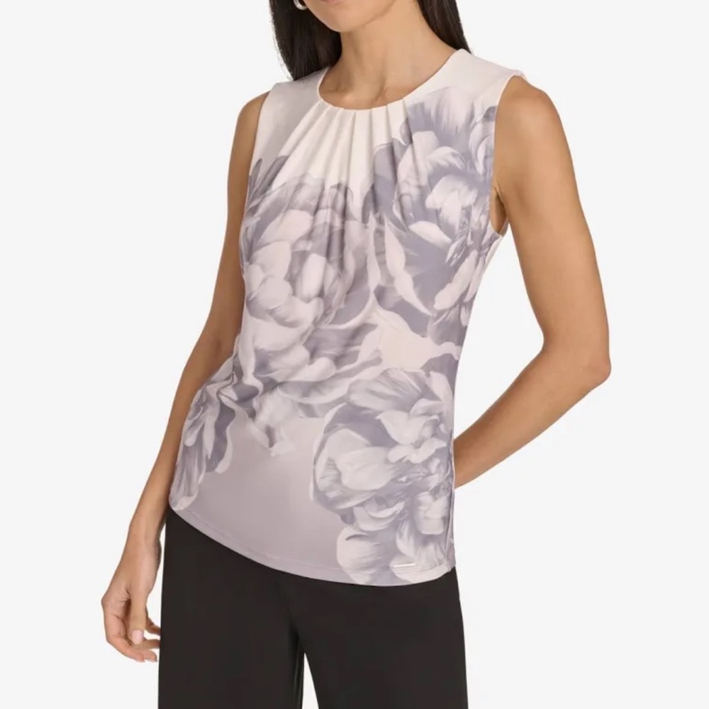 Calvin Klein Women's Floral Printed Pleated-Neck Sleeveless Top white/gray S